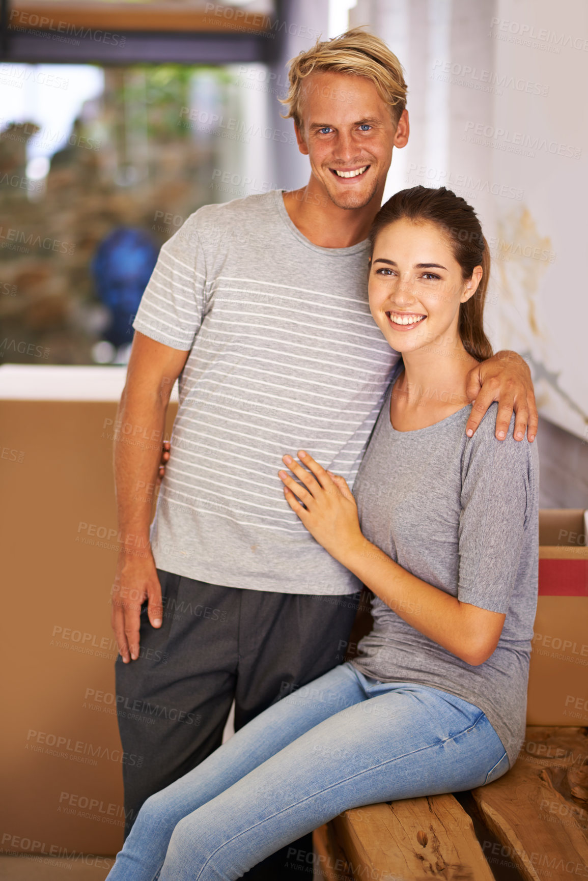Buy stock photo Portrait of a happy young couple on moving day