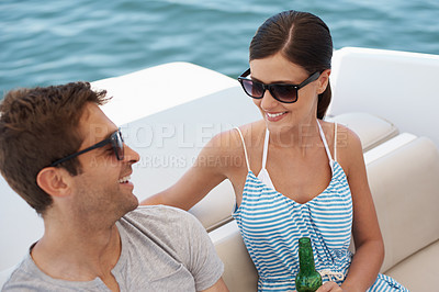 Buy stock photo Couple, people and love on yacht, boat and cruise for holiday, vacation or honeymoon. Lovers, husband and wife together for marriage with happiness, relationship or relax by seascape, ocean or summer