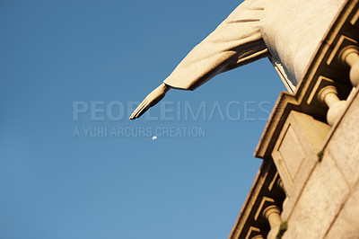 Buy stock photo Jesus christ, statue and heritage for travel and christian art for religion or faith journey. Hands, history monument or closeup of sacred destination or culture sculpture in rio de janeiro on hill