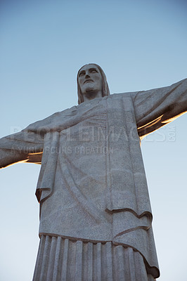 Buy stock photo Jesus christ, statue and art deco sculpture for travel and christian faith for art or religion journey. Hands, history monument or peace for tourism and protection symbol of people in rio de janeiro