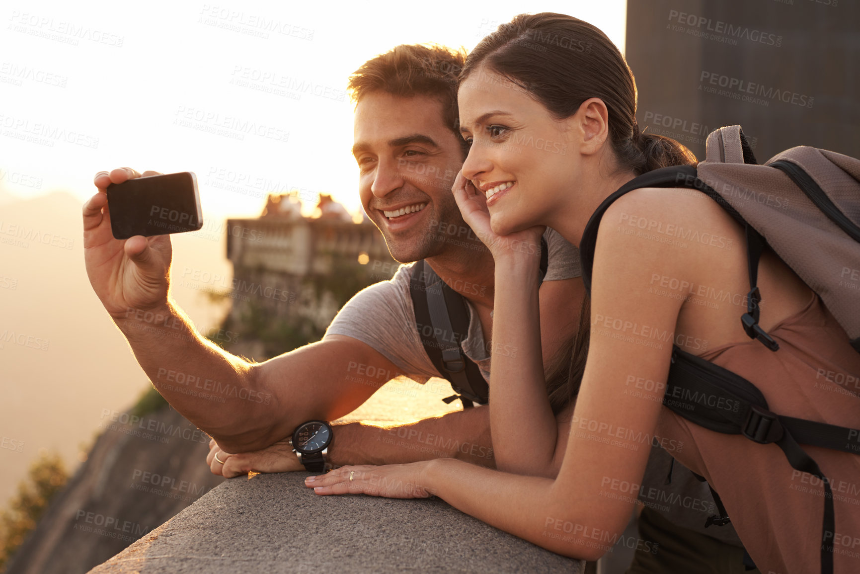 Buy stock photo Bridge, selfie or happy couple hiking for travel for vacation memory, holiday or sightseeing in city. Love, people and romantic man with a woman for adventure or tourism in Rio de Janeiro, Brazil