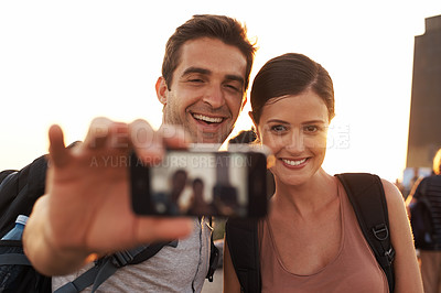 Buy stock photo Outdoor, selfie or happy couple hiking for travel for vacation memory, holiday or sightseeing in city. Photo, people and romantic man with a woman for adventure or tourism in Rio de Janeiro, Brazil