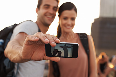 Buy stock photo Holiday, selfie or happy couple hiking for travel for vacation memory, outdoor or sightseeing in city. Christ the Redeemer, photo or romantic people on adventure for tourism in Rio de Janeiro, Brazil