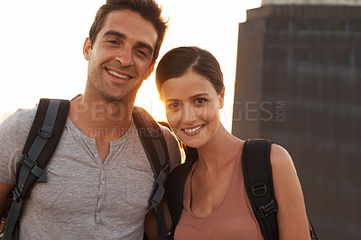 Buy stock photo Cropped shot of a young couple touring a foreign city