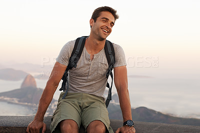 Buy stock photo Smile, travel and backpacking with man in Brazil as tourist for adventure, holiday or sightseeing. Destination, location and vacation in Rio de Janeiro with happy young person outdoor to explore