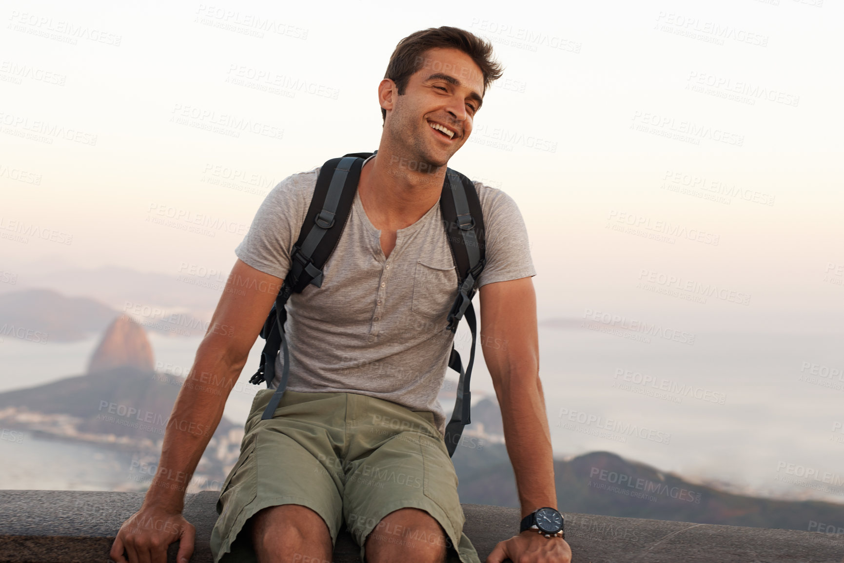 Buy stock photo Smile, travel and backpacking with man in Brazil as tourist for adventure, holiday or sightseeing. Destination, location and vacation in Rio de Janeiro with happy young person outdoor to explore