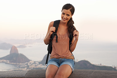 Buy stock photo Woman, view and portrait with backpack for travel or tour, adventure and vacation for sightseeing or explore in Rio de Janeiro. Female person, journey on holiday and happy for outdoor trip or nature.