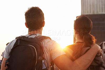 Buy stock photo Hiking, hug or back of couple at sunset with love for vacation memory, holiday or sightseeing in city. Support, tourism or romantic man with view or woman for travel or date in Rio de Janeiro, Brazil