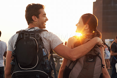 Buy stock photo Cropped shot of a young couple touring a foreign city