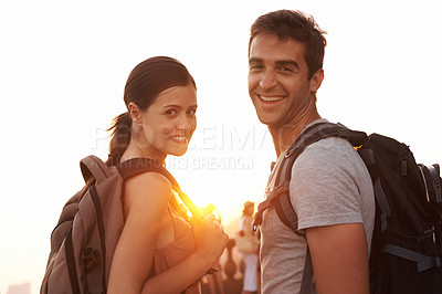 Buy stock photo Hiking, portrait or happy couple at sunset with smile for vacation memory, holiday or sightseeing in city. Love, tourism or romantic man with a woman for adventure or travel in Rio de Janeiro, Brazil