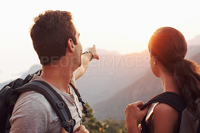 Buy stock photo Hiking, pointing or back of couple with horizon for vacation memory, holiday or sightseeing in nature. Support, tourism or romantic man with view or woman for travel or date in Rio de Janeiro, Brazil