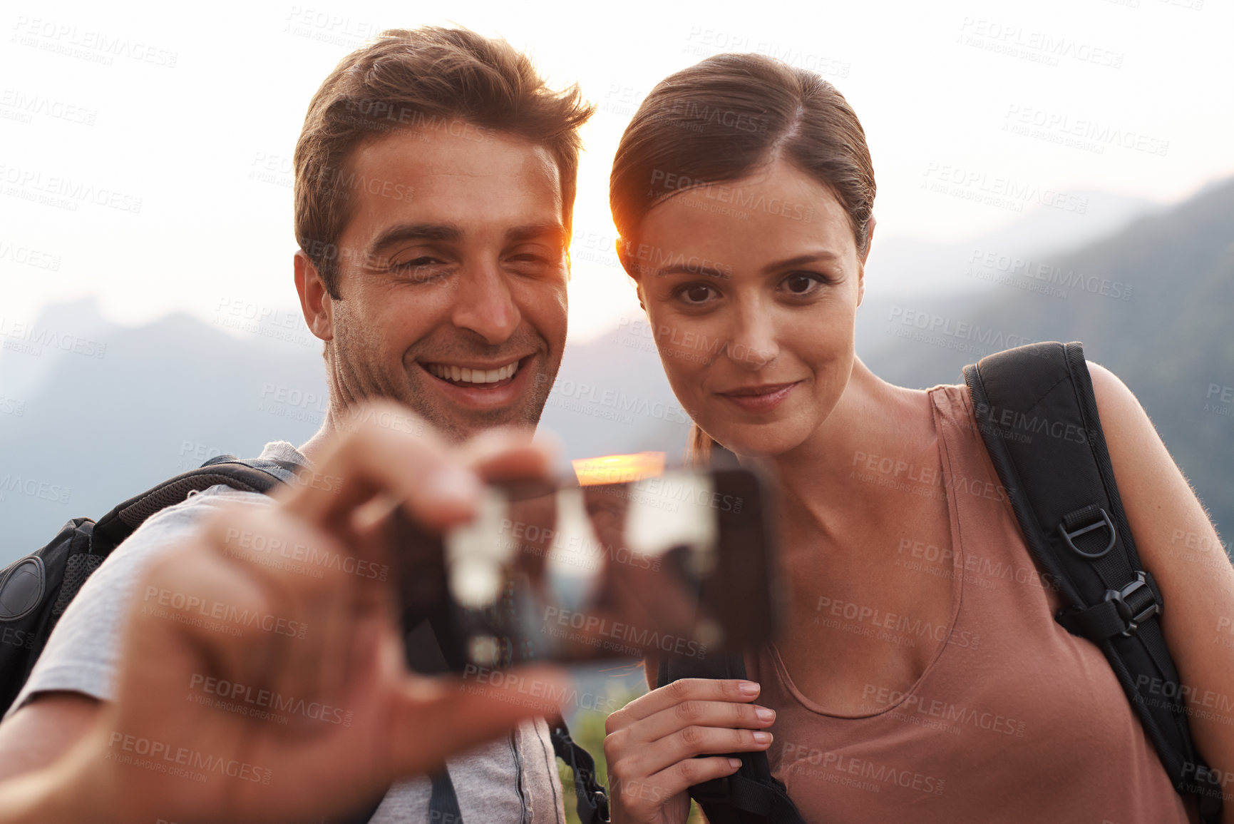 Buy stock photo Outdoor, selfie or happy couple trekking for travel for vacation memory, holiday or sightseeing. Hiking picture, photo or man with a woman for adventure or tourism in park in Rio de Janeiro, Brazil 