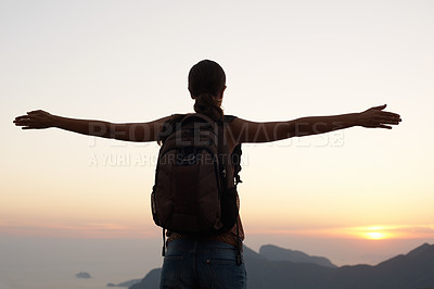 Buy stock photo Woman, silhouette and freedom with mountain, sunset and adventure for travel or holiday. Tourist, brazil and backpack with sunrise, view and nature for calm and fulfillment with hike for health