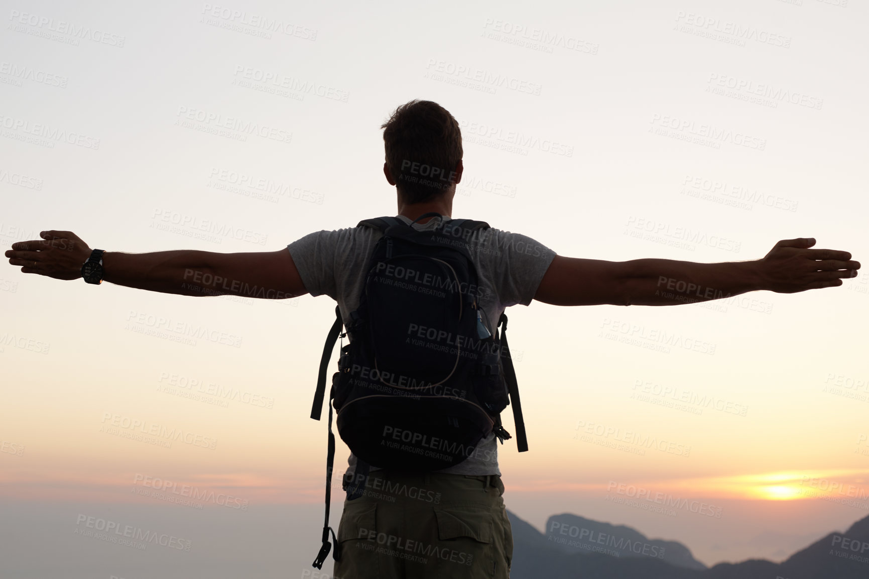 Buy stock photo Man, silhouette and freedom with mountain, sunset and adventure for travel or holiday. Tourist, brazil and backpack with sunrise, view and nature for calm and fulfillment with hike for health