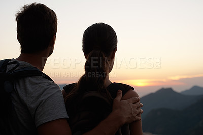 Buy stock photo Travel, sunset and couple in mountains with view of sky together on holiday or vacation abroad. Love, hiking or backpacking with man and woman outdoor for tourism or discovery overseas from back
