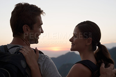 Buy stock photo Travel, smile and couple in mountains with view of sky together on holiday or vacation abroad. Love, hiking or backpacking with happy young man and woman outdoor for tourism overseas from back