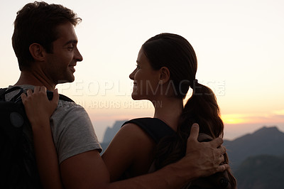 Buy stock photo Hiking, hug or happy couple on holiday at sunset with smile for vacation memory, support or sightseeing. Love, tourism or romantic man with a woman for adventure or travel in Rio de Janeiro, Brazil