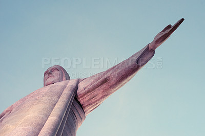 Buy stock photo Jesus christ, sky or hand of statue sculpture for travel or christian faith for art or outdoor heritage. Background, history monument or peace for tourism or religion symbol in Rio de Janeiro, Brazil