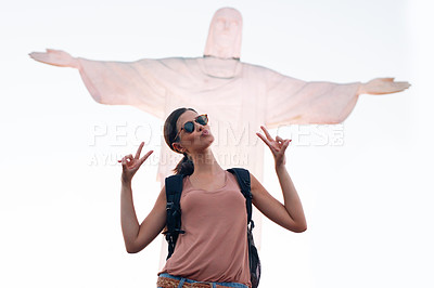 Buy stock photo Jesus, woman or tourist on holiday with statue for travel or christian faith with art or peace sign. Person, vacation or history monument for tourism, God or religion symbol in Rio de Janeiro, Brazil