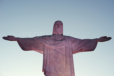 Buy stock photo God, Jesus or sky with statue sculpture for travel or christian faith for tourism or heritage site. Background, history monument or Christ the redeemer for religion symbol in Rio de Janeiro, Brazil