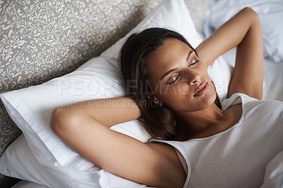 Buy stock photo Woman, sleeping and bed for rest, wellness and peace as stress relief in home in San Francisco. Mental health, female person and eyes closed on pillow for calm, dream and relax for self care