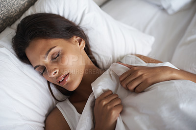 Buy stock photo Woman, sleep and bed for relax, dream and self care as stress relief in hotel room in Chicago. Mental health, female person and eyes closed on pillow for calm, sleeping and rest for wellness in home