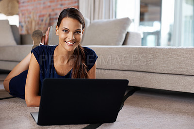 Buy stock photo Laptop, happy and portrait of woman relaxing on carpet working on freelance project at home. Smile, technology and female person with computer for creative research laying on floor mat in living room