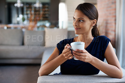 Buy stock photo Woman, thinking and drinking coffee in home on sofa to relax, peace or planning at breakfast in the morning. Dream, tea cup or person with idea for espresso, latte or healthy beverage in living room