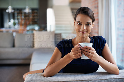 Buy stock photo Happy woman, portrait and drinking coffee in home on sofa to relax, peace or calm at breakfast in the morning. Face, tea cup and person in living room with espresso, latte and hot healthy beverage