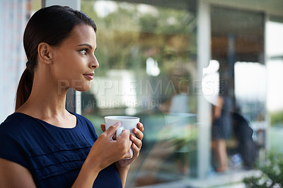 Buy stock photo Woman, dream and drinking coffee in home to relax, peace and calm at breakfast in the morning. Thinking, tea cup and person with idea for espresso, latte and planning future for wellness in house