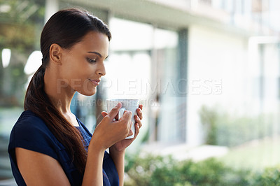 Buy stock photo Woman, thinking and drinking coffee in home to relax, peace or calm at breakfast for energy in the morning. Dream, tea cup or person with espresso, latte or hot healthy beverage for wellness in house