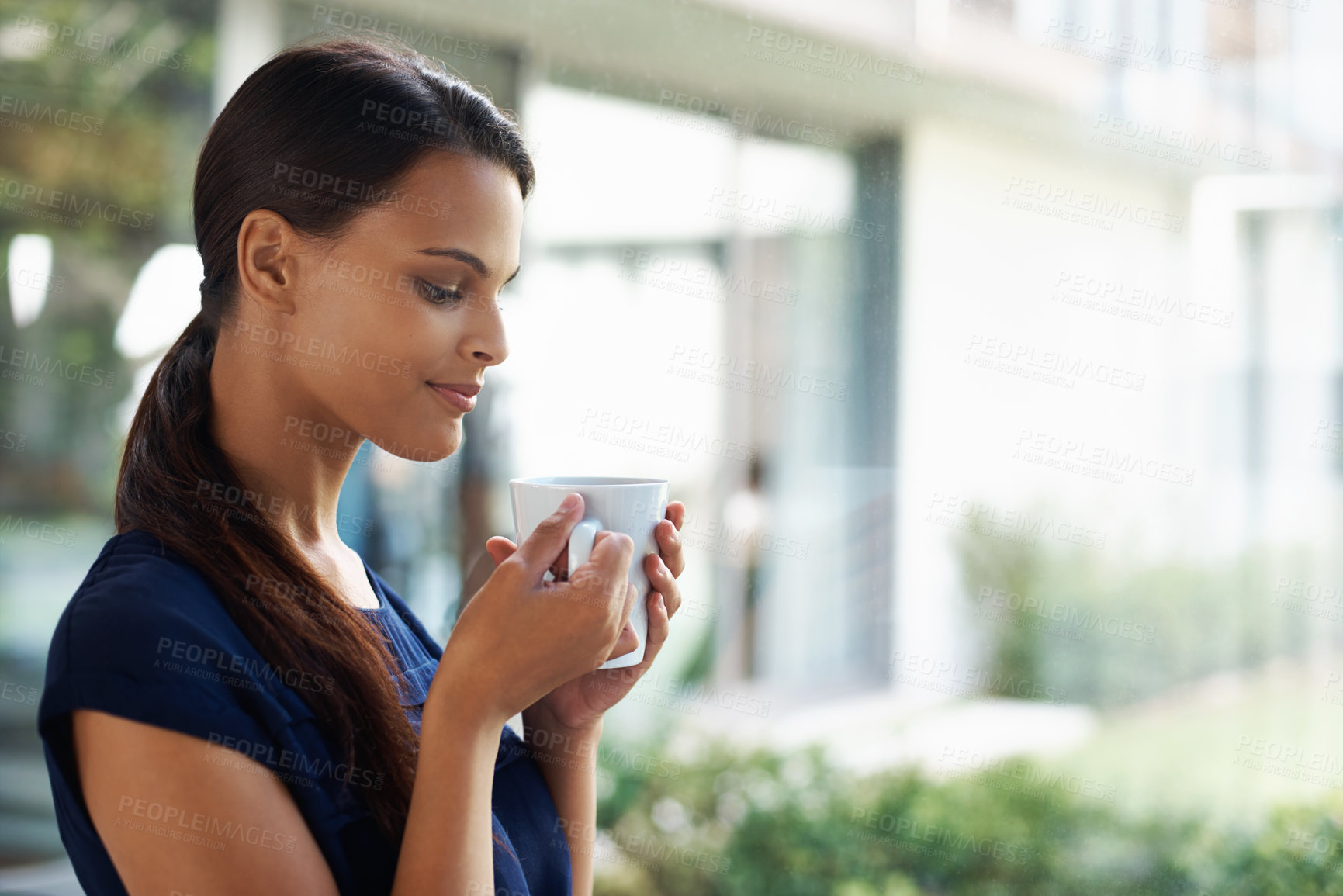 Buy stock photo Woman, thinking and drinking coffee in home to relax, peace or calm at breakfast for energy in the morning. Dream, tea cup or person with espresso, latte or hot healthy beverage for wellness in house