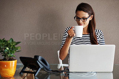 Buy stock photo Coffee, laptop and happy business woman smile in office with mockup space on wall background. Tea, research and female worker online for planning, browsing and creative, inspiration and technology
