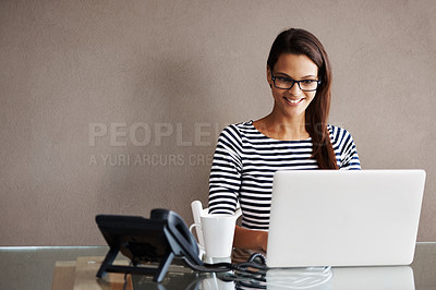 Buy stock photo Laptop, mockup and business woman in office for planning, management and checking email on wall background. Happy, inspired and female manager online for project, proposal or creative idea research