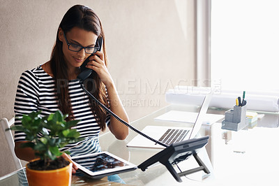 Buy stock photo Woman, phone call and tablet with laptop in office for telecommuting, communication and planning. Business person, receptionist or secretary with technology and internet for research and info  