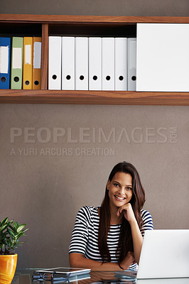 Buy stock photo Laptop, portrait and confident business woman in administration for planning, editing or email. Smile, receptionist and happy secretary ready for online project, startup or creative research on files