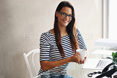 Buy stock photo Portrait, woman and coffee for break, relax and wellness at happy, stress management and desk. Receptionist, female person and smile for mental health, positive mindset and tea for peaceful rest