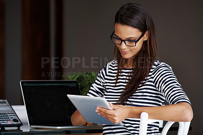 Buy stock photo Woman, office and tablet at desk for work as legal secretary with technology to manage or schedule meetings with clients. Personal assistant, online and organize appointment with digital touchscreen.