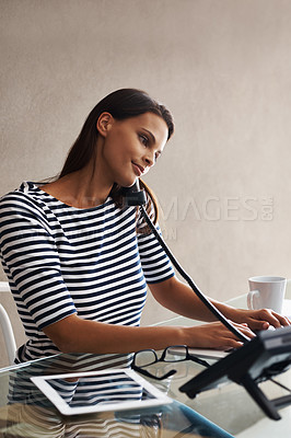 Buy stock photo Woman, phone call or typing in office, reception or desk for message, crm or feedback in Vancouver. Female person, receptionist or consultant for b2b, contact and sale in telemarketing business