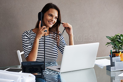 Buy stock photo Woman, smile and laptop with telephone for phone call, discussion and conversation with client. Receptionist, landline and table with technology at workplace for consulting, admin or customer service