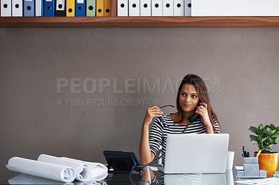 Buy stock photo Woman, telephone and laptop at desk with call for discussion, conversation and talking to client. Receptionist, landline and table with paper at workplace for planning, admin or customer service