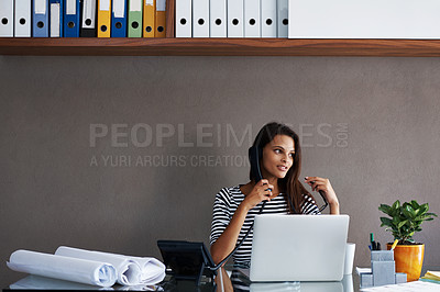Buy stock photo Woman, laptop and paperwork at desk with telephone for phone call, conversation and talking to client. Receptionist, landline and table with discussion for planning, communication or customer service