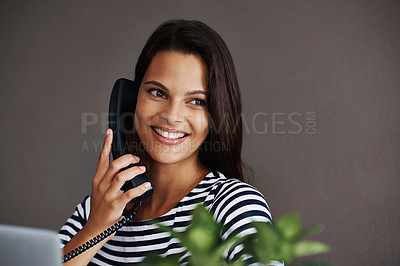 Buy stock photo Telephone call, happy and business woman in conversation, talking or listening to contact in startup office. Landline, smile and secretary on phone, receptionist and creative person with mockup space