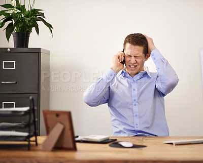 Buy stock photo Stress, phone call and businessman at desk with anger, bankruptcy and notification of unemployment. Anxiety, depression and burnout with smartphone, frustrated man in office and termination notice.