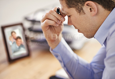 Buy stock photo Stress, job loss and businessman in office with fear of bankruptcy, debt and letter of resignation. Anxiety, depression and burnout with frustrated man at desk with risk of business termination