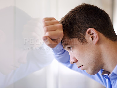 Buy stock photo Stress, thinking and businessman at window upset for bankruptcy, debt and sad unemployment. Anxiety, depression and frustrated man in office with job loss, mental health and depression at business