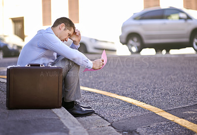 Buy stock photo Businessman, failure or job loss in street with letter, stress or thinking of career crisis. Salesman, pink slip or mental health or anxiety of work performance or fired with termination of contract