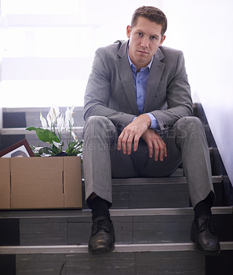 Buy stock photo Businessman, portrait or job loss in company with box, stairs or thinking of career crisis. Salesman, sad and face for mental health or anxiety for fired, worry and depression for termination of work