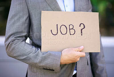 Buy stock photo Hand, businessman and board for unemployed, jobless and poverty for adult, search or hunting for work. Economy, poor and male person as accountant showing sign on street in city of Cape Town