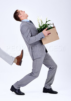 Buy stock photo Businessman, unemployed or fired by boss in company with box, rejection or sad with career crisis. Salesman, risk or mental health for kick or income loss, fail and depression for termination of work